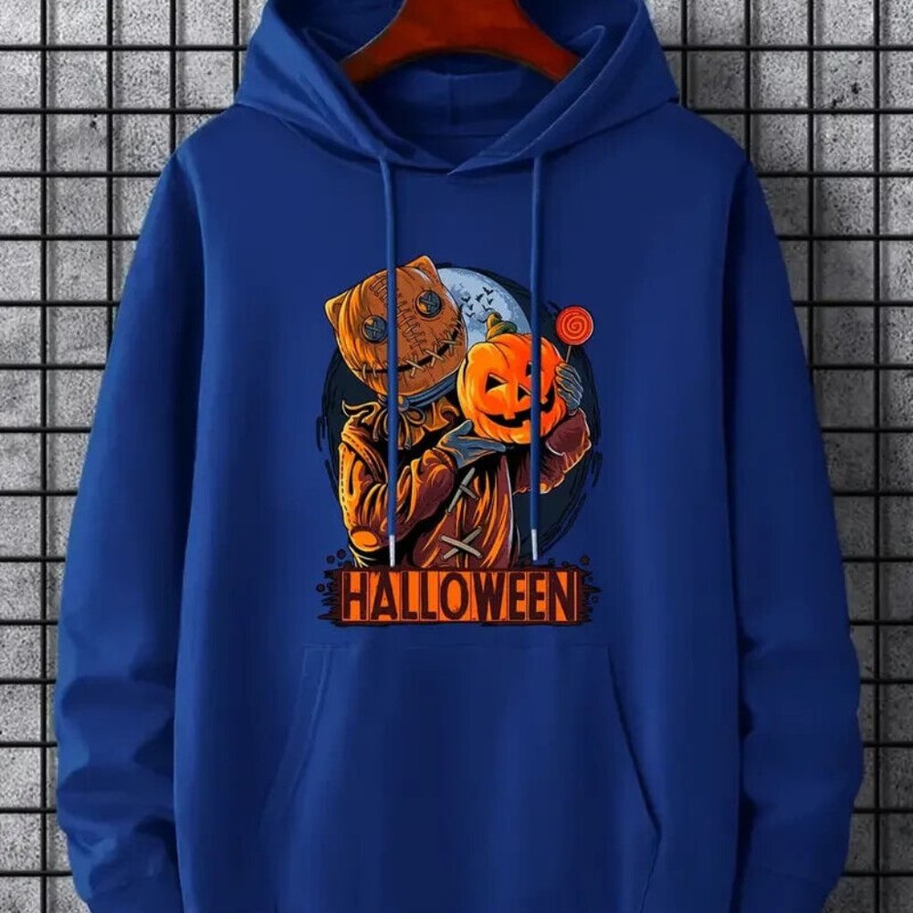 New Halloween Trick or Treat Style Hoodie, Comfy unisex- L- Blue